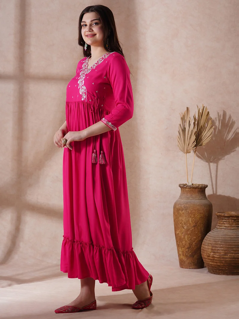 globus Women Pink Embroidered Scalloped V-Neck Tie-Up Detail Tiered A-Line Midi Festive Dress