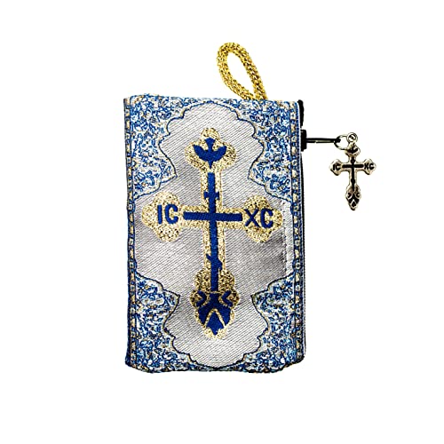 Intercession Hand-Woven, Lined Madonna and Child Rosary Pouch, Made in Turkey with Premium Metallic Thread (Blue - Small) - Image 2