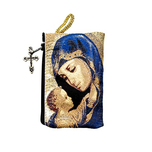 Intercession Hand-Woven, Lined Madonna and Child Rosary Pouch, Made in Turkey with Premium Metallic Thread (Blue - Small) - Image 1