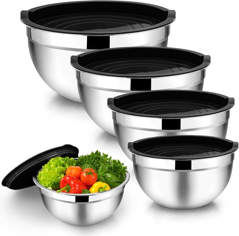 TeamFar Mixing Bowl Set of 5, 4.5/3/1.5/1/0.7 QT, Stainless Steel Metal Nesting Salad Bowl with Lid Set, Ideal for Mixing Serving, Non-Toxic & Sturdy, Airtight Lid & Easy Clean, Black - Image 1