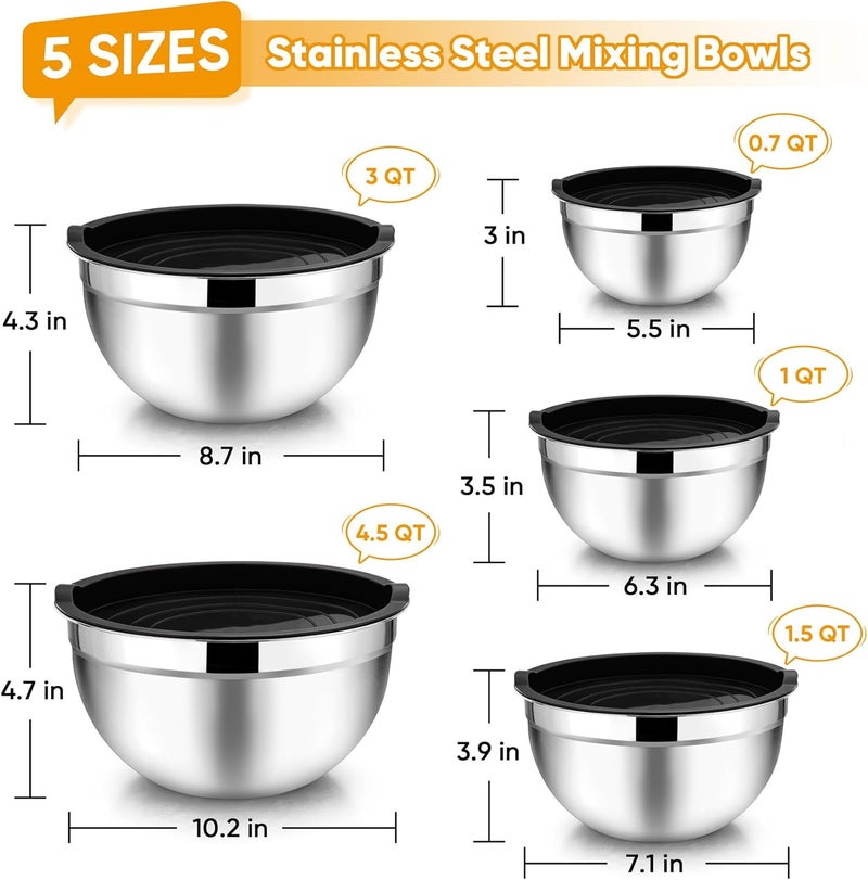 TeamFar Mixing Bowl Set of 5, 4.5/3/1.5/1/0.7 QT, Stainless Steel Metal Nesting Salad Bowl with Lid Set, Ideal for Mixing Serving, Non-Toxic & Sturdy, Airtight Lid & Easy Clean, Black - Image 2