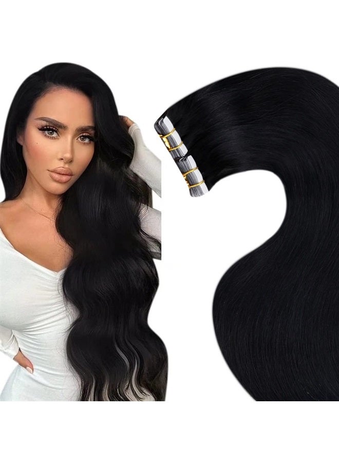 LaaVoo Black Tape in Hair Extensions Human Hair 18 inch Jet Black Tape ins for Black Women Human Hair Thick End Straight 20pcs 50g - Image 1