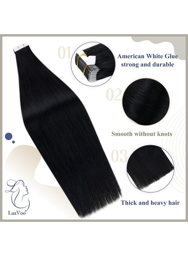 LaaVoo Black Tape in Hair Extensions Human Hair 18 inch Jet Black Tape ins for Black Women Human Hair Thick End Straight 20pcs 50g - Image 2