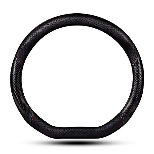 HAOTULE Car Carbon Fiber and Leather D-Shape Steering Wheel Cover, Stylish car Non-Slip Leather car Interior 15 inches Universal Red and Blue - Image 1