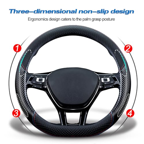 HAOTULE Car Carbon Fiber and Leather D-Shape Steering Wheel Cover, Stylish car Non-Slip Leather car Interior 15 inches Universal Red and Blue - Image 3