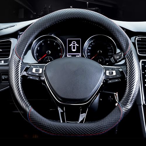HAOTULE Car Carbon Fiber and Leather D-Shape Steering Wheel Cover, Stylish car Non-Slip Leather car Interior 15 inches Universal Red and Blue - Image 2