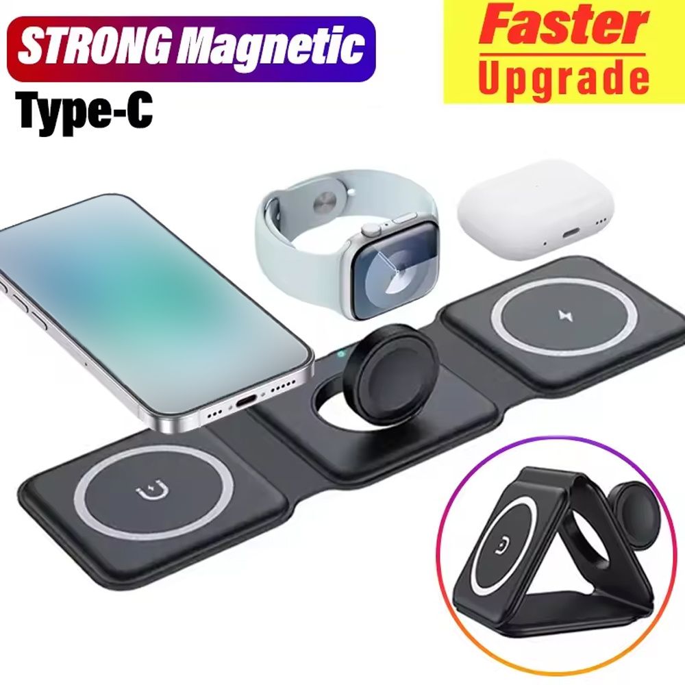 3 In 1 Folding Fast Charging Station 15W Wireless Charging Stand Compatible with iPhone 17 16 15 14 13 12 11 Pro Max Mini Plus X Xr Xs Se 8 Plus iWatch 1 2 3 4 5 6 7 8 9 AirPods 3 2 Pro USB C Power Delivery White