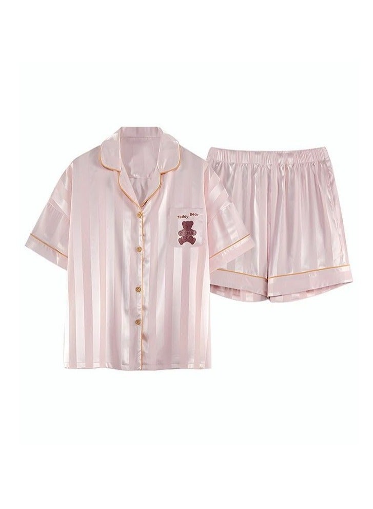 2 Piece Pajama Set Women's Short Sleeve Shorts Girls Cute Cartoon Bear Pattern Stripes Sleepwear Sets Ladies Loungewear Soft Home Wearing Clothes Spring Summer Light Pink  - Image 1