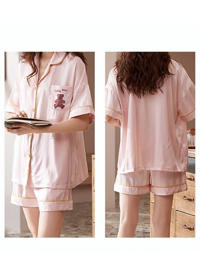 2 Piece Pajama Set Women's Short Sleeve Shorts Girls Cute Cartoon Bear Pattern Stripes Sleepwear Sets Ladies Loungewear Soft Home Wearing Clothes Spring Summer Light Pink  - Image 2