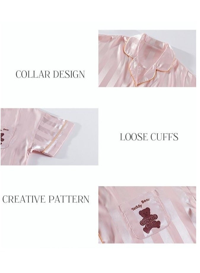 2 Piece Pajama Set Women's Short Sleeve Shorts Girls Cute Cartoon Bear Pattern Stripes Sleepwear Sets Ladies Loungewear Soft Home Wearing Clothes Spring Summer Light Pink  - Image 4