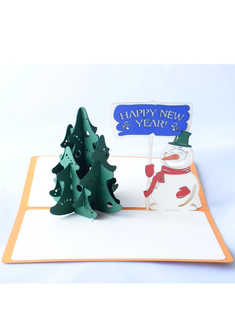 Wow Cards Happy New Year Greeting Card with Snowman and Christmas Tree - Image 1