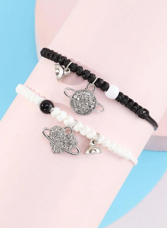 Pack of 2 - Multi-Color Planet and Heart Rhinestone Embellished Bracelets
