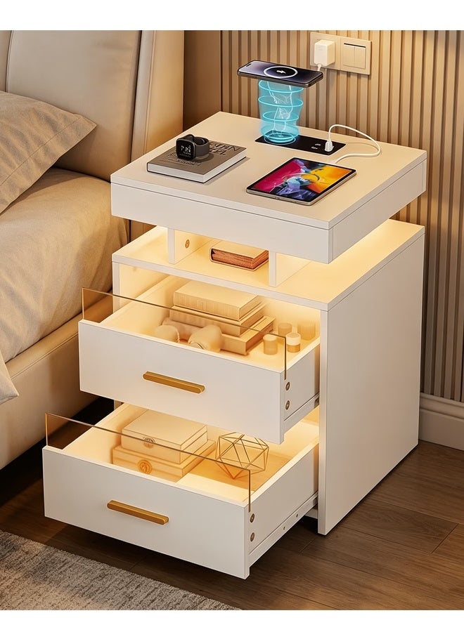 LED Nightstand with Wireless Charging Station And USB Type-C Ports, 2 Large Drawer Storage Cabinet 6 Colors Adjustable LED Bedside Cabinet, Modern Smart Nightstand, White Side Table for Bedroom Living Room - Image 1