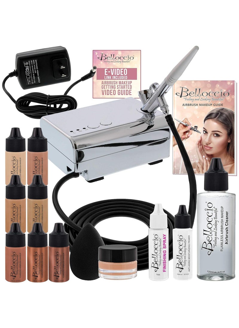 Belloccio Belloccio Professional Beauty Airbrush Cosmetic Makeup System with 4 Medium Shades of Foundation in 1/4 Ounce Bottles - Kit Includes Blush, Bronzer and Highlighters 