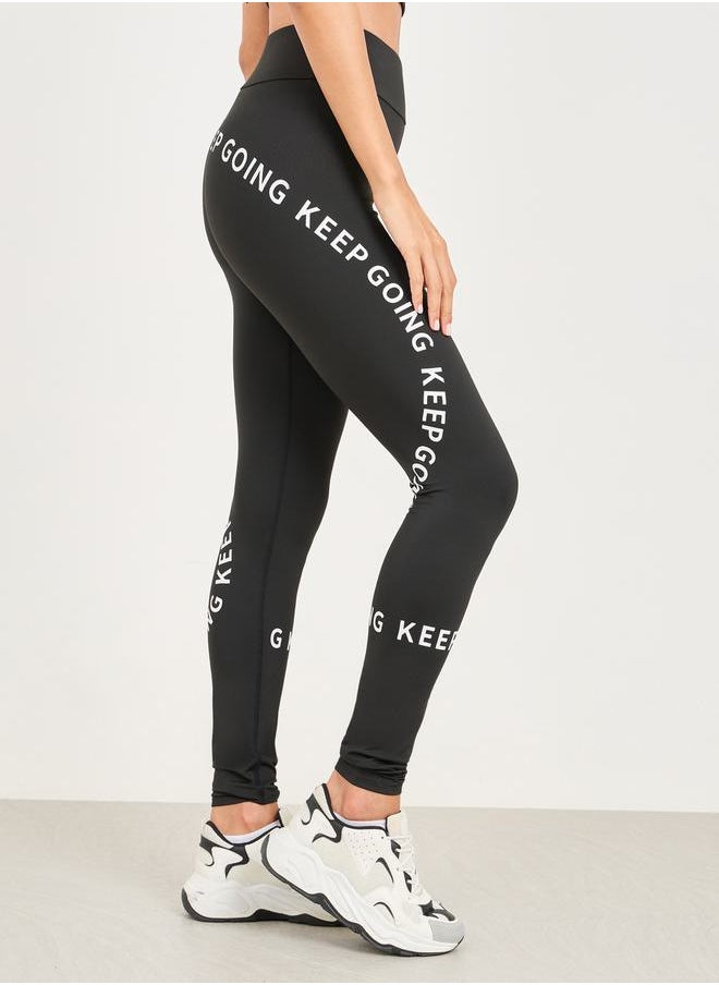 Styli Slogan Print High Rise Broad Waist Full Length Active Leggings  - Image 3