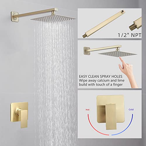 Heable Brushed Gold Shower Faucet Set, Single Function Shower Trim Kit with Rough-in Valve, Square Rain Shower Head System Included Extra Long Shower Arm for Bathroom - Image 2