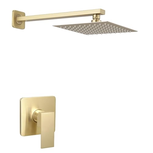 Heable Brushed Gold Shower Faucet Set, Single Function Shower Trim Kit with Rough-in Valve, Square Rain Shower Head System Included Extra Long Shower Arm for Bathroom - Image 1