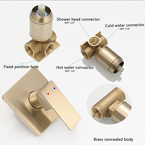 Heable Brushed Gold Shower Faucet Set, Single Function Shower Trim Kit with Rough-in Valve, Square Rain Shower Head System Included Extra Long Shower Arm for Bathroom - Image 5