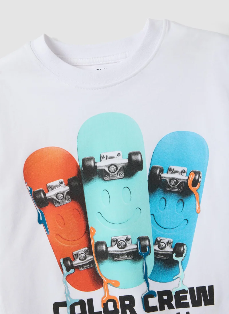 Ovs  OVS Boys' Regular Fit Pure White Cotton T-Shirt With Skateboard Design for Kids | Best Price UAE