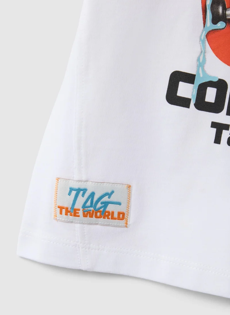 Ovs  OVS Boys' Regular Fit Pure White Cotton T-Shirt With Skateboard Design for Kids | Best Price UAE