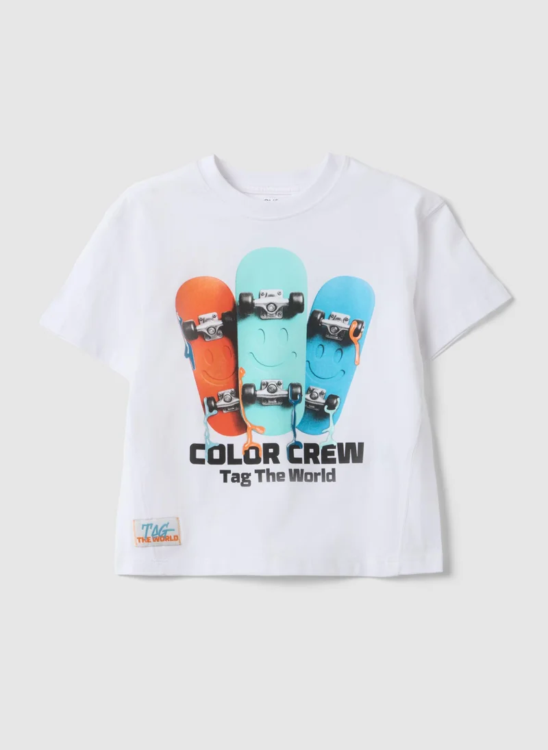 Ovs OVS Boys' Regular Fit Pure White Cotton T-Shirt With Skateboard Design