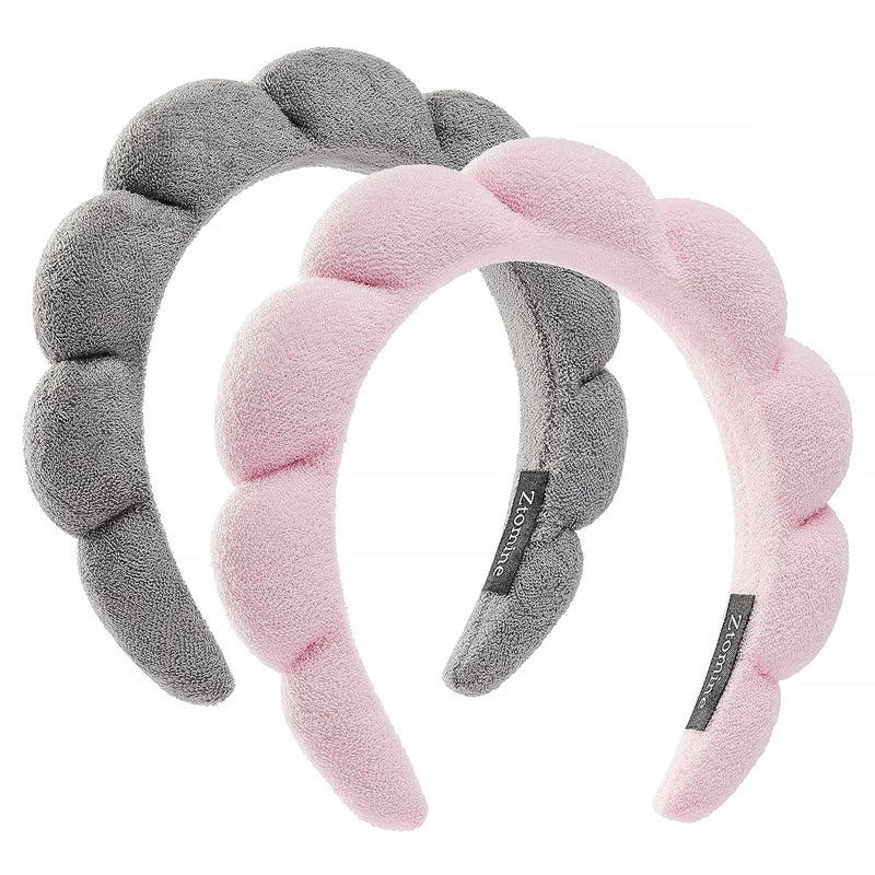 Ztomine Store Spa Terry Cloth Headband Combo Pack - 2 Puffy Makeup Headbands for Facial Care, Face Washing, and Mask Application (Pink + Grey) - Image 1