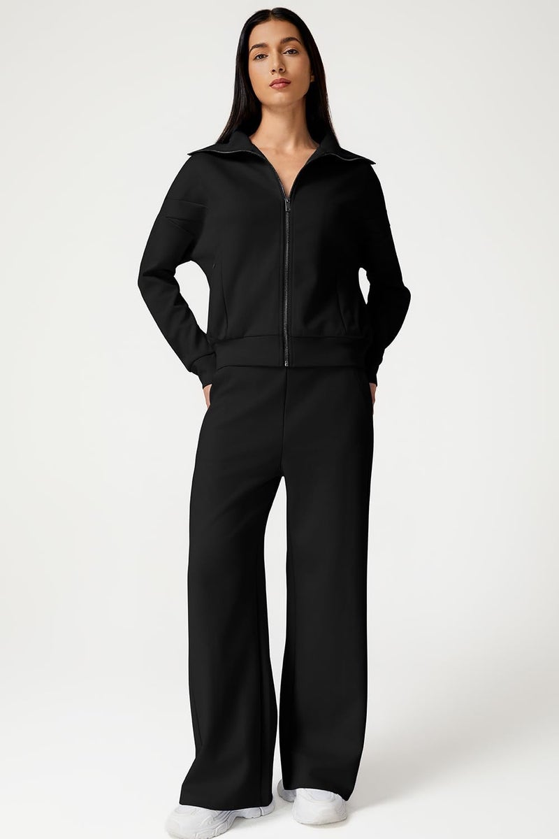 QINSEN Women's 2 Piece Sets Lapel Long Sleeve Zip Up Sweatshirt with Pockets Wide Leg Pants Tracksuit Black S - Image 3