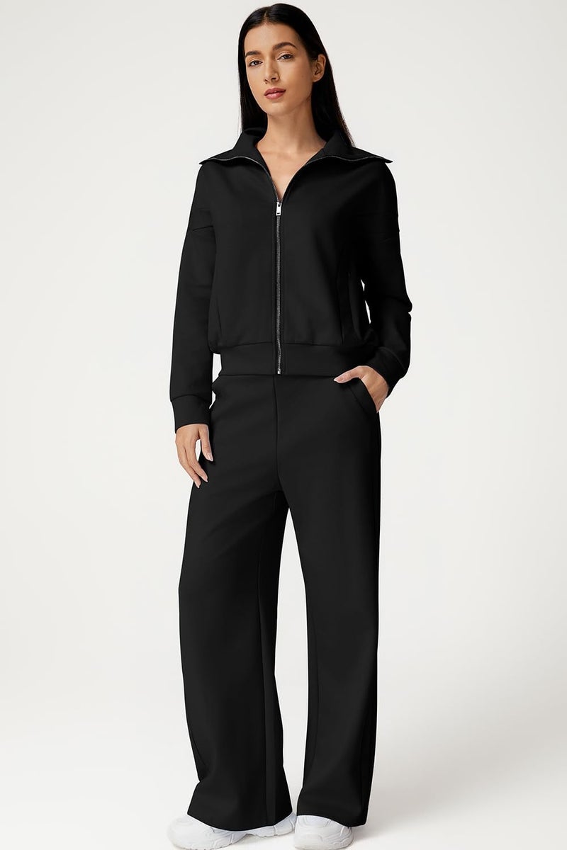 QINSEN Women's 2 Piece Sets Lapel Long Sleeve Zip Up Sweatshirt with Pockets Wide Leg Pants Tracksuit Black S - Image 2