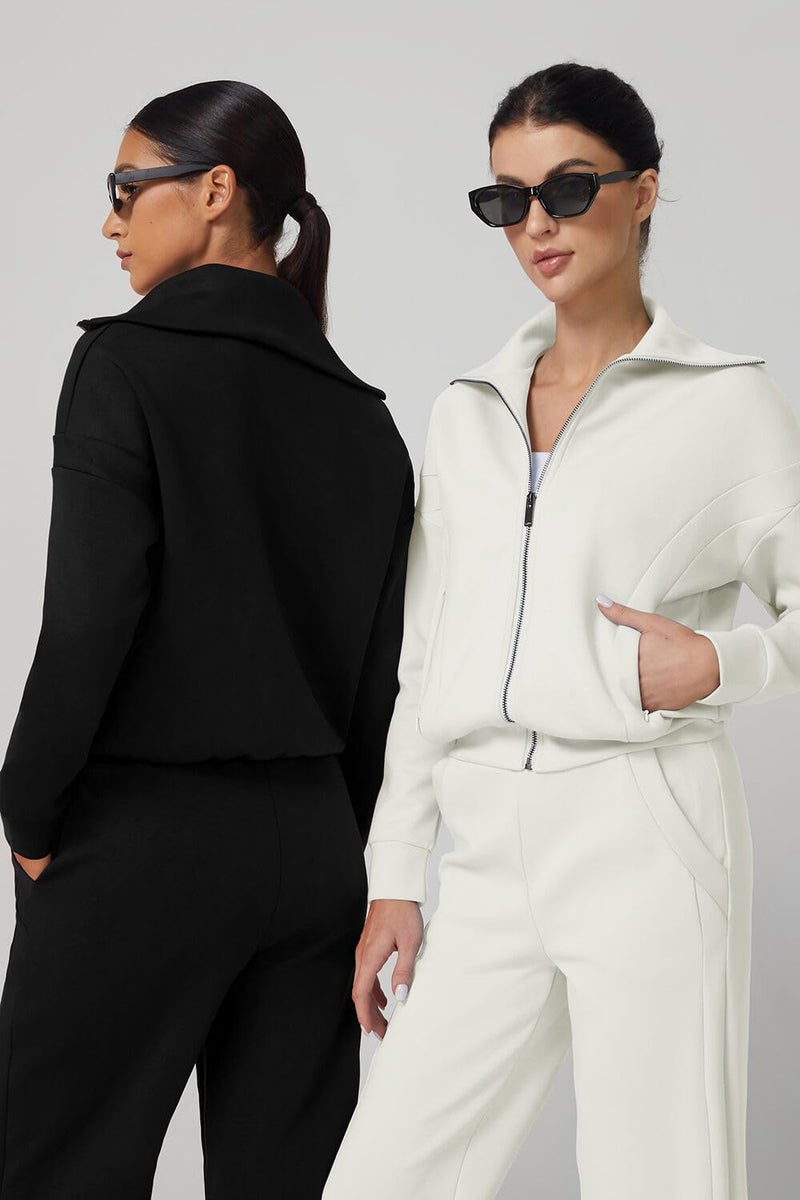 QINSEN Women's 2 Piece Sets Lapel Long Sleeve Zip Up Sweatshirt with Pockets Wide Leg Pants Tracksuit Black S - Image 5