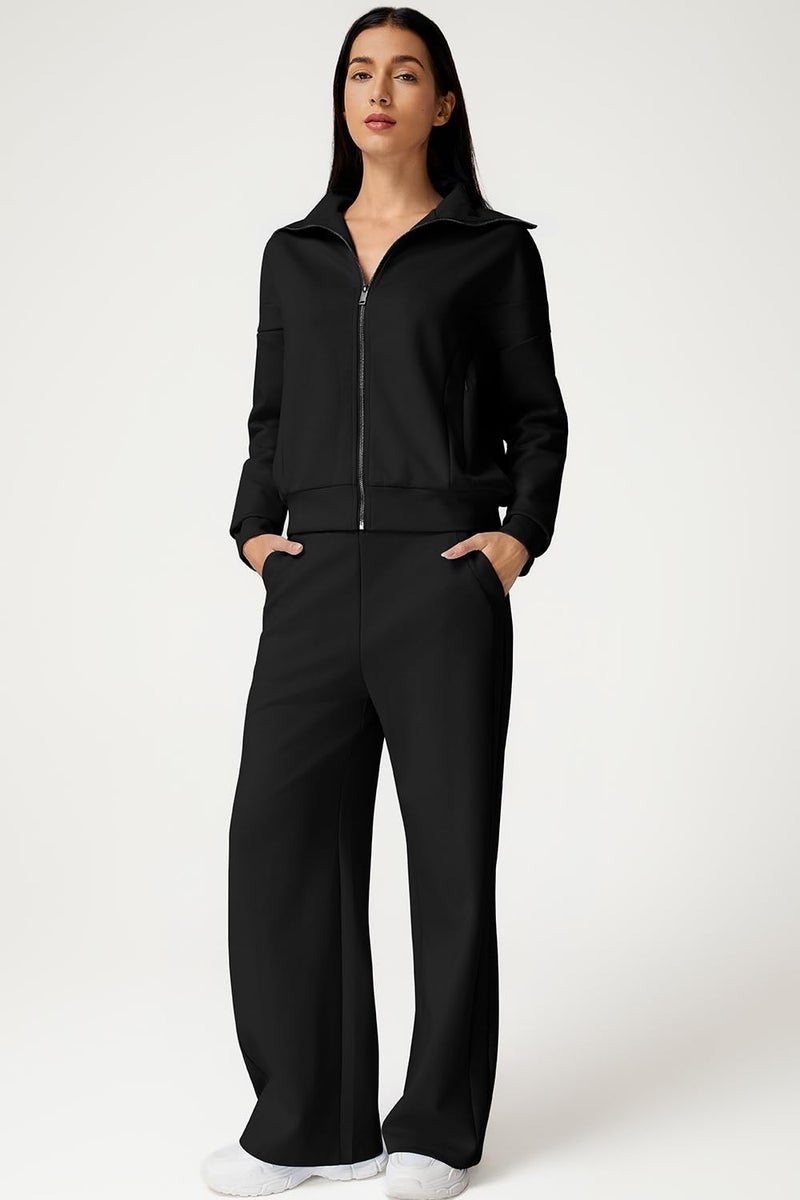 QINSEN Women's 2 Piece Sets Lapel Long Sleeve Zip Up Sweatshirt with Pockets Wide Leg Pants Tracksuit Black S - Image 4