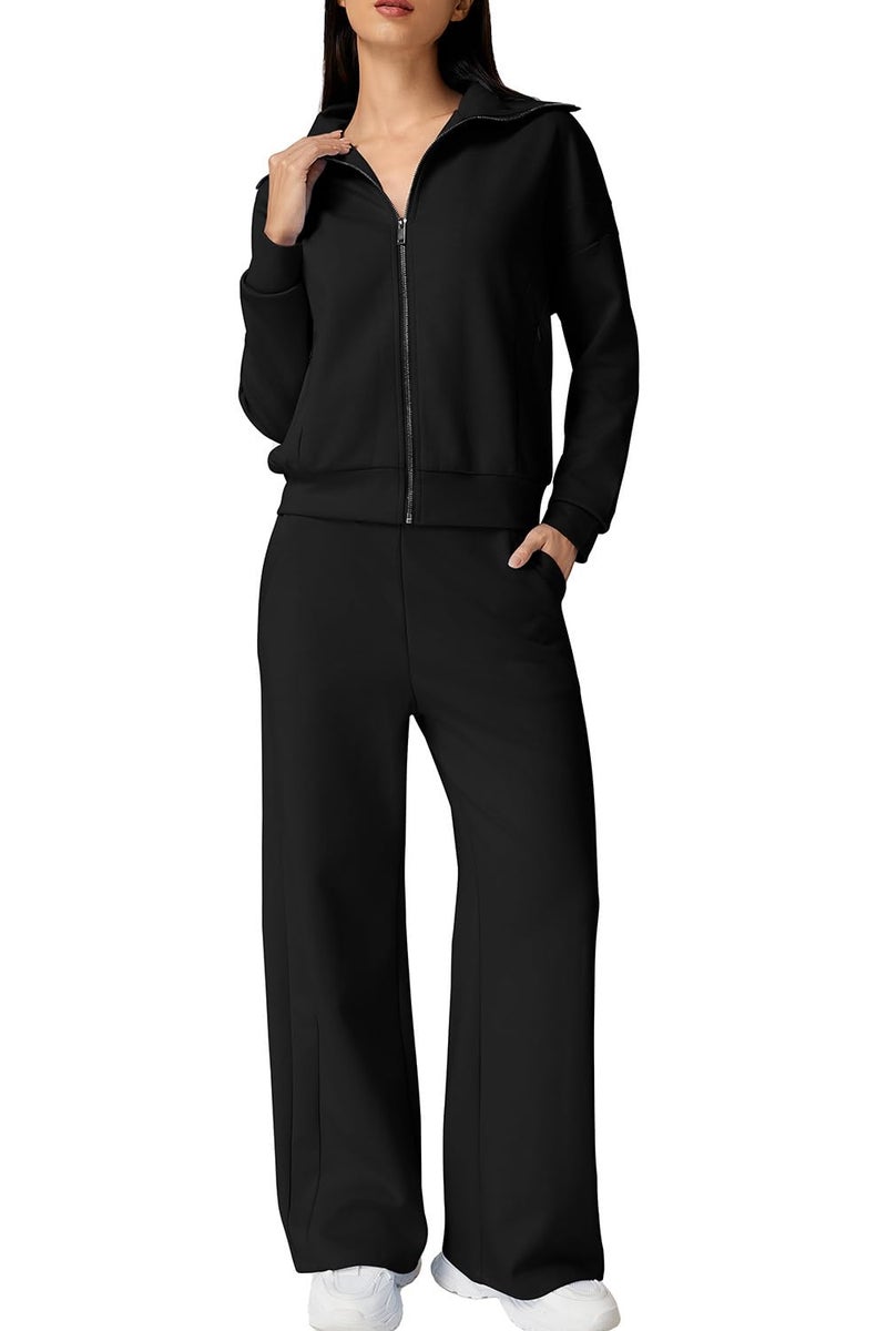 QINSEN Women's 2 Piece Sets Lapel Long Sleeve Zip Up Sweatshirt with Pockets Wide Leg Pants Tracksuit Black S - Image 1