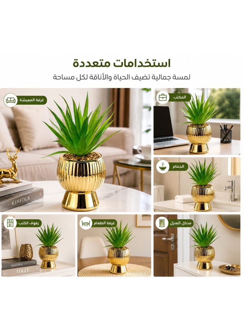 Artificial Plant in Gold Ceramic Pot | Faux Greenery Bush with Pebbles, Luxury Decorative Tabletop Plant for Living Room, Office, Home Decor & Coffee Table - Image 2