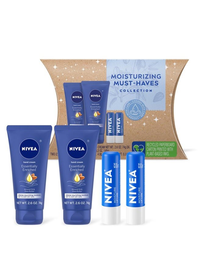 Nivea Moisturizing Must-Haves Skin Care Set, Essentially Enriched Hand Cream with Almond Oil and Shea Butter, 2.6 Oz Tube (Pack of 2) + Moisture Lip Care Lip Balm, 0.17 Oz Stick (Pack of 2) - Image 1