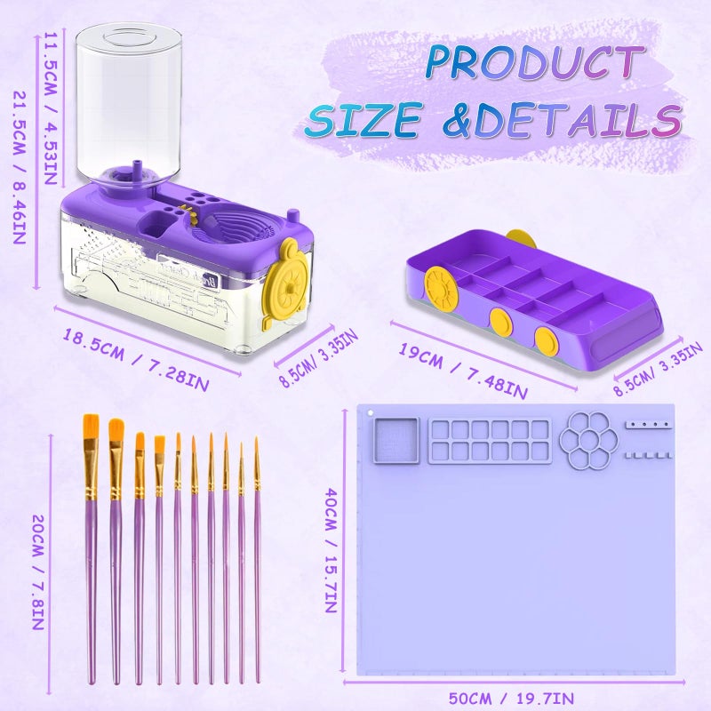 Velachuan Paint Brush Cleaning Kit for Kids with 5 Brushes, Art Smock, Washable Mat, Guidebook, Spiral Brush Cleaner Jar for Watercolor(Purple) - Image 2