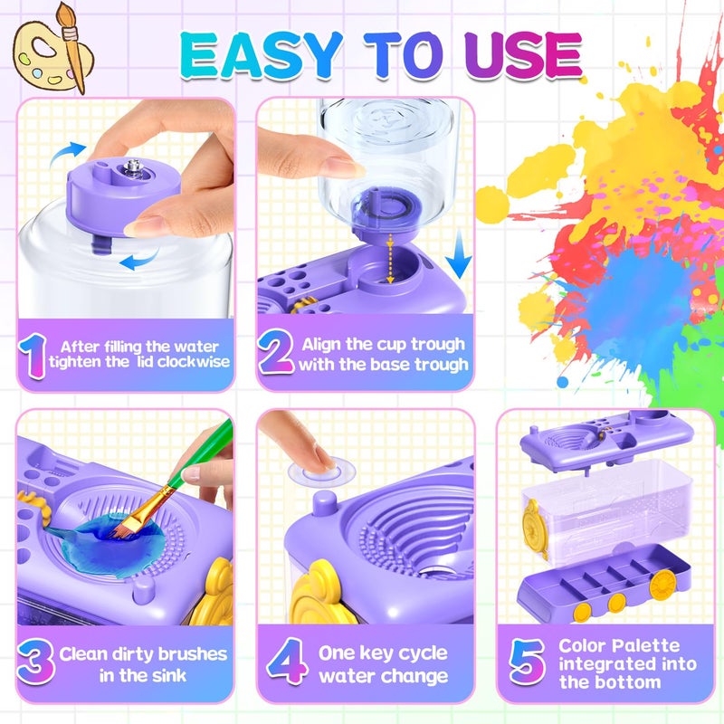 Velachuan Paint Brush Cleaning Kit for Kids with 5 Brushes, Art Smock, Washable Mat, Guidebook, Spiral Brush Cleaner Jar for Watercolor(Purple) - Image 4