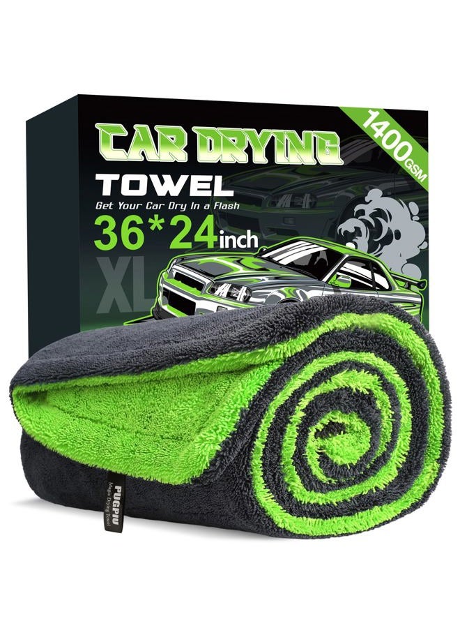 PUGPIU Car Drying Towel - 1400GSM Super Absorbent Microfiber Towels 36"X24" Large Edgeless with Twisted Loop, Lint-Free & Streak-Free for Auto Detailing, SUV, Truck (Green) - Image 1