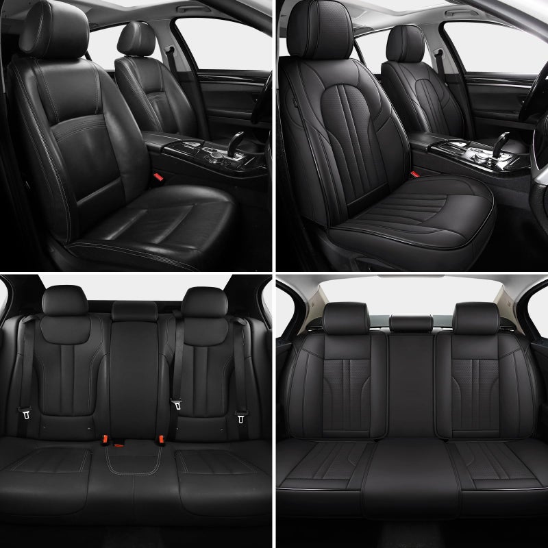 MINGBRON Car Seat Cover Full Set, Leather Car Seat Cover, Waterproof Seat Covers, Car Seat Cushion, Nappa Leather Seat Covers Car Seat Protector Universal Fit Most Cars Black - Image 3