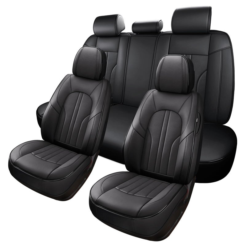 MINGBRON Car Seat Cover Full Set, Leather Car Seat Cover, Waterproof Seat Covers, Car Seat Cushion, Nappa Leather Seat Covers Car Seat Protector Universal Fit Most Cars Black - Image 1