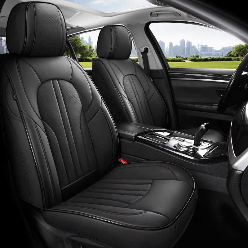 MINGBRON Car Seat Cover Full Set, Leather Car Seat Cover, Waterproof Seat Covers, Car Seat Cushion, Nappa Leather Seat Covers Car Seat Protector Universal Fit Most Cars Black - Image 2
