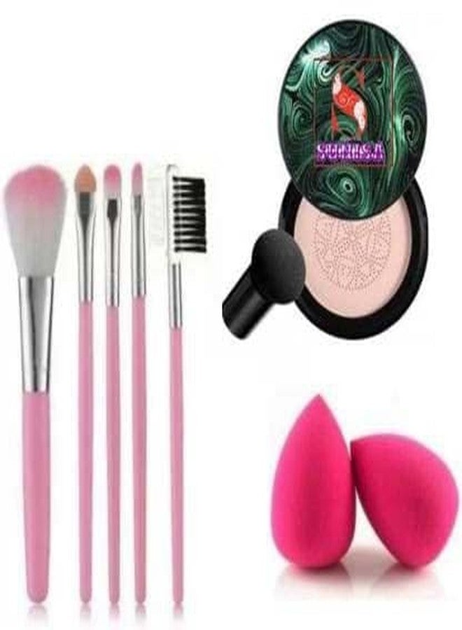SUNISA BB and CC Cream Foundation With Mushroom Head Air Cushion 20g and 5 Pink Makeup Brushes Set and 2 Beauty Blenders - (Pack of 7) - Image 1