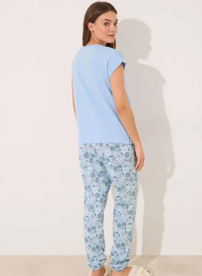 women'secret Short pyjamas 100% cotton blue flowers