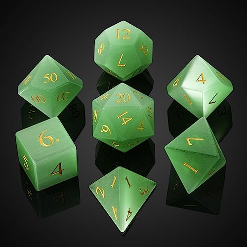UDIXI Natural Gemstone DND Dice Set 7PCS Handmade Crystal Stone Dice Set DD for Dungeons and Dragons Role Playing Game and Tabletop Games Green Cats Eye - Image 1