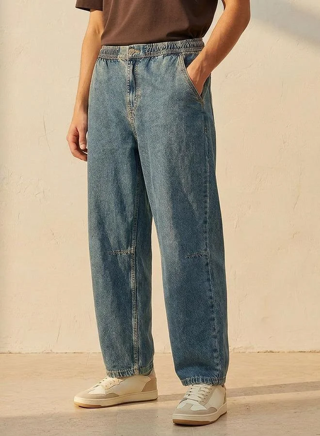 Denim Straight Fit Button Closure Jeans