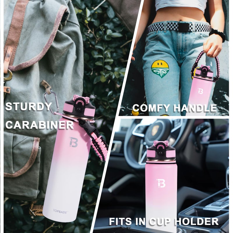 TOPBADE 32oz Insulated Sports Water Bottle 2 Lids(with Straw/No Straw), Stainless Steel Water Bottles with Paracord Handle, Vacuum Jug for Women Men Gym Fitness Outdoor PINK WHITE - Image 2