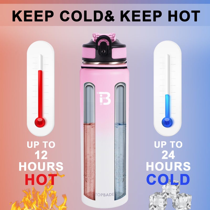 TOPBADE 32oz Insulated Sports Water Bottle 2 Lids(with Straw/No Straw), Stainless Steel Water Bottles with Paracord Handle, Vacuum Jug for Women Men Gym Fitness Outdoor PINK WHITE - Image 5