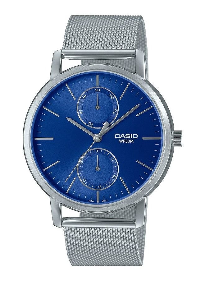 CASIO - Casio Men Watch Analog Multi Hand Blue Dial Stainless Steel Mesh Band MTP-B310M-2AVDF. - Image 1