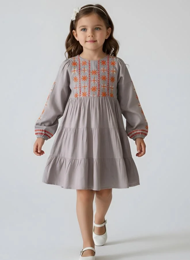 Bella Moda Girls Full Sleeve Multi-Thread Embroidered Tiered Midi Dress