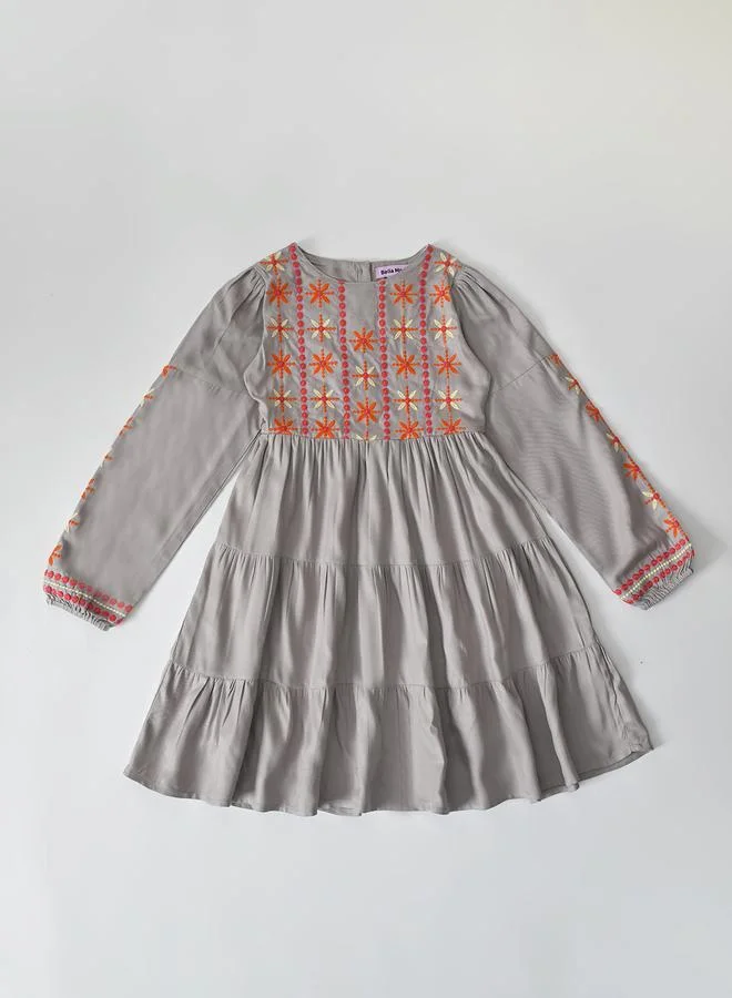 Bella Moda Girls Full Sleeve Multi-Thread Embroidered Tiered Midi Dress