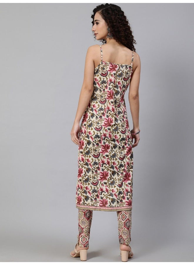 AKS AKS Floral Printed Shoulder Straps Pure Cotton Kurta With Trousers  - Image 4