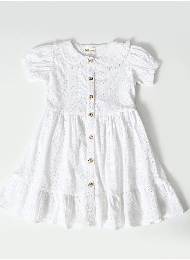 BELLA MODA Bella Moda Solid Schiffli Puff Sleeves Dress with Button Front